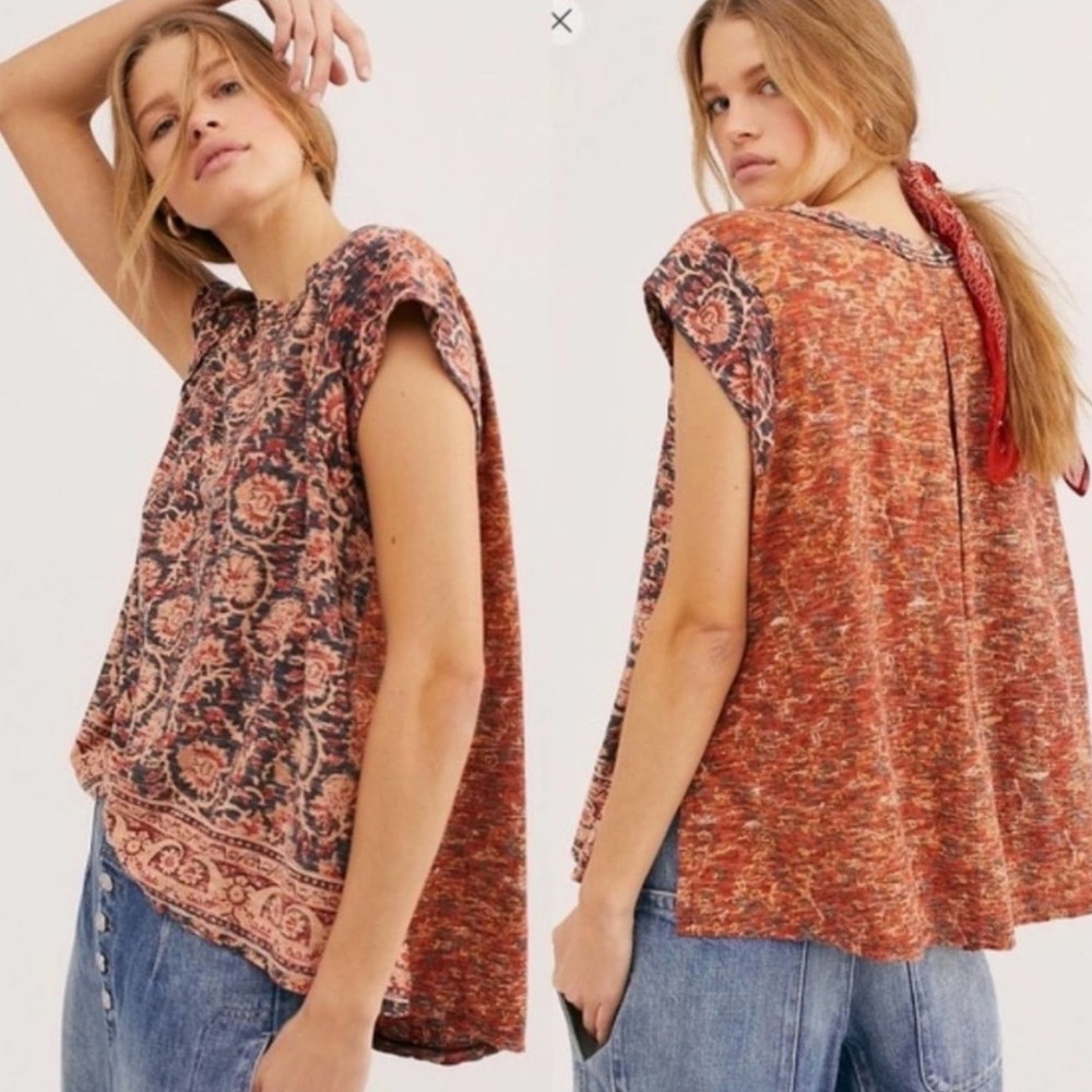 Free People High Tide Tee Oversized Mixed Print Boho Raw Hem Floral Small